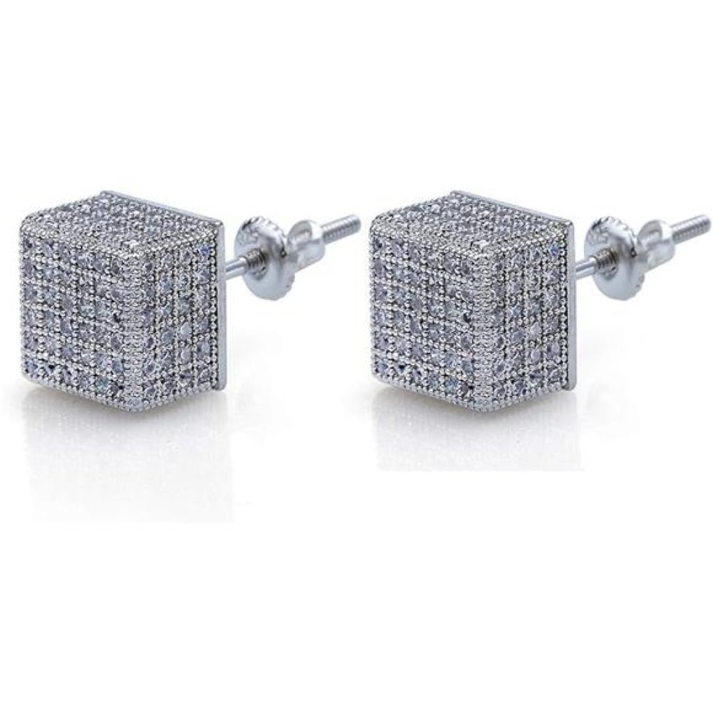 Silver  Cube Studs: 925 Silver with Iced Simulated Diamonds